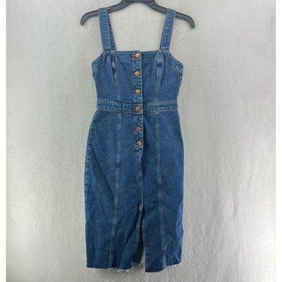 River Island Overall Dress Women's 4 Blue Denim Sleeveless Button Front Raw Hem - Picture 1 of 12